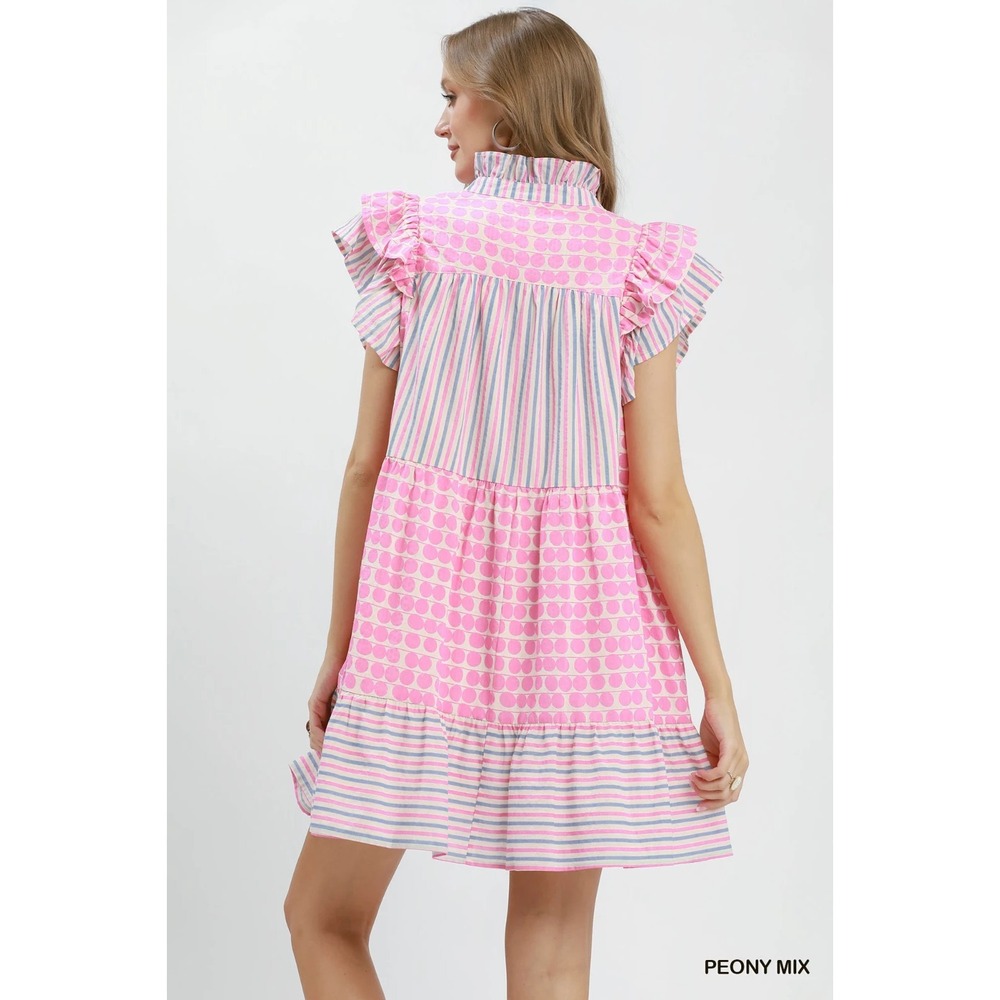 Umgee Mix Patchwork Flutter Sleeve Tiered Dress - Peony Mix - Large - Picture 3 of 5